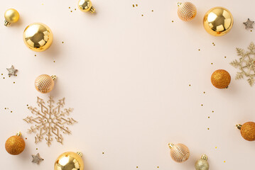 Naklejka na ściany i meble Winter Celebration Setup: Top view of various tree ornaments, orange and gold balls, sparkling stars, snowflake decor, and confetti scattered on pastel backdrop. Perfect for holiday greetings or ads