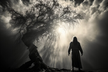 Silhouette of Abraham the father of faith in a nocturnal landscape talking to God next to a big tree Generative AI Illustration - obrazy, fototapety, plakaty