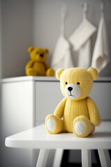 table with a plush toy bear in the baby room. Generative AI,