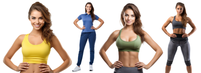 Set of beautiful athletic girls in fitness uniforms, cut out