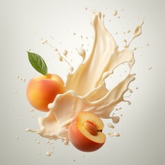 Splash of milk yogurt with fresh peach and peach slices floating on a neutral gray background