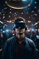 Man wearing virtual reality headset in futuristic environment