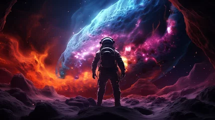 Poster Heelal astronaut and galaxy storm vortex, neon painting dark galaxy bacground
