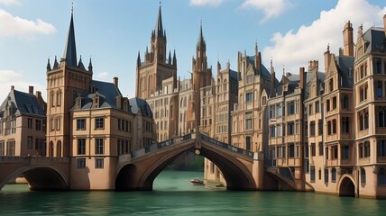 Naklejka premium Showcase the captivating blend of architectural styles and the historical richness of a city where Gothic spires pierce the sky alongside facades , .Created with generated ai technology 