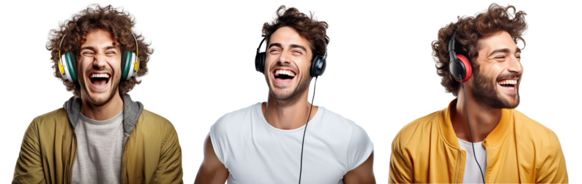 Set of music lovers deriving pleasure from beats and rhythm through headphones, cut out - Powered by Adobe