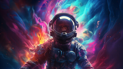 astronaut and galaxy storm vortex, neon painting dark galaxy bacground