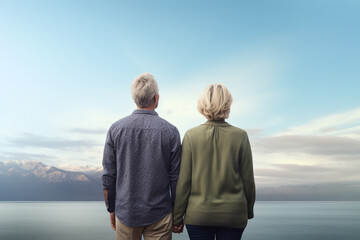 Love, lifestyle, relationship concept. Middle age couple standing next to each other and looking into the distance or horizon. Generative AI