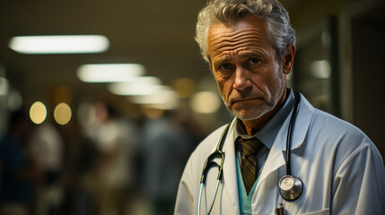 Tense doctor in ER conveying stress and worry, capturing a poignant sense of medical unease and the underlying apprehension. - obrazy, fototapety, plakaty