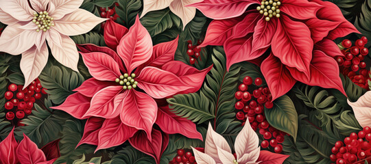 Red Christmas Poinsettia flowers with green leaves pattern, Banner