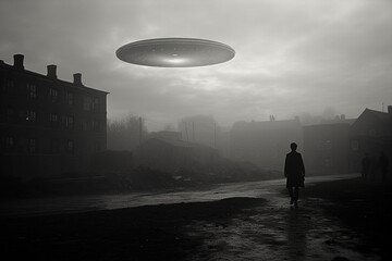 Sci-fi and fantasy concept. UFO and extraterrestrial ships flying over city during foggy day. Retro vintage style and city of year 50-70s. Surreal and spooky atmosphere. Black and white. Generative AI