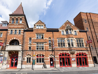 Oxford, UK - May 18, 2023: The Corn Exchange and Fire Station, a commercial complex in Oxford. Now is an arts charity, Arts at the Old Fire Station, and a homelessness charity, Crisis Skylight Oxford