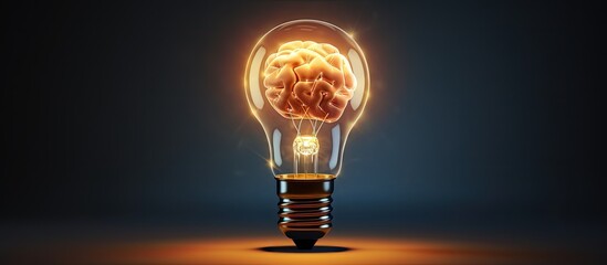 This glowing light bulb with a brain shaped glass represents an active and creative mind or idea - obrazy, fototapety, plakaty