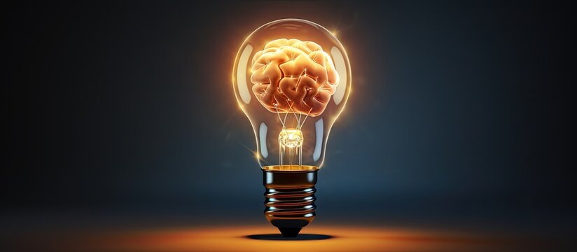 This glowing light bulb with a brain shaped glass represents an active and creative mind or idea