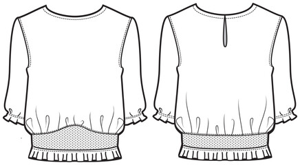 Women shirring waist blouse with gathering details design flat sketch fashion illustration with front and back view