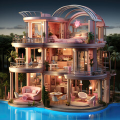 Fantasy doll house, for barbie three-storey toy building with furniture and light on background of nature - 650816771