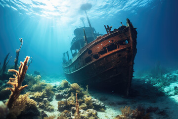 Rusted shipwreck submerged in crystal-clear waters