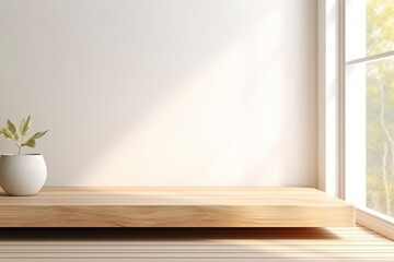 Fototapeta na wymiar Empty wooden pedestal on kitchen table before white brick wall
