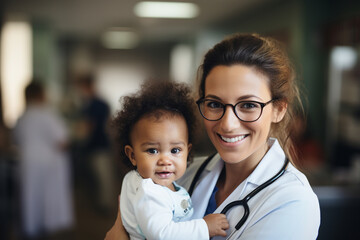 Female pediatric nurse with little happy child. Generative AI