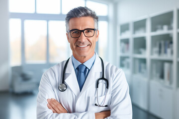 Handsome male doctor in white coat at hospital background. Generative AI
