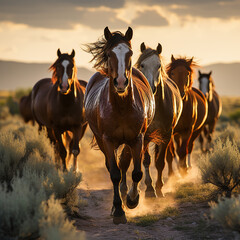 Herd of wild horses on prairie. AI generation..