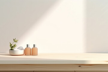 Empty wooden pedestal on kitchen table before white brick wall