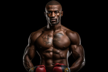 Fototapeta na wymiar African American man, MMA fighter, studio portrait on black background,African fighter making punch over black background