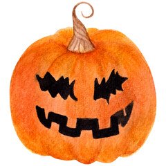 Watercolor halloween pumpkin with face isolated on white background. For various products, cards, posters, decor, etc.