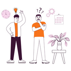 People talking and thinking office.Two men talk.Businessmen discuss social network.Brainstorm doodle hand drawn elements.Light bulb with concept of new idea.Man holding up his index finger.