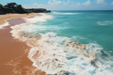 Aerial view of beautiful sandy beach with turquoise water and waves. Beautiful tropical beach and sea with blue sky background. 