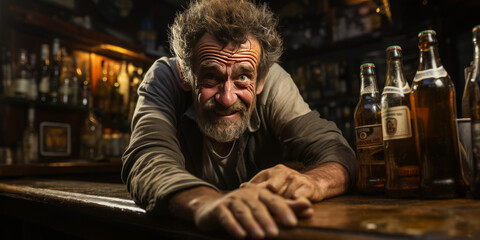 Obraz premium Captivating depiction of a traditional tavern with old, authentic bartender exuding an eerie charm in its grungy setting.