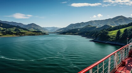 Cruise vacation, view on sea and mountains landscape from board of ship. 