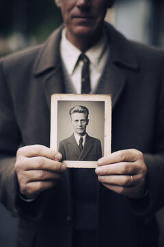 Elderly senior holding vintage old photo, nostalgia concept. Generative AI