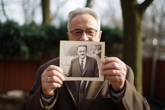 Elderly senior holding vintage old photo, nostalgia concept. Generative AI