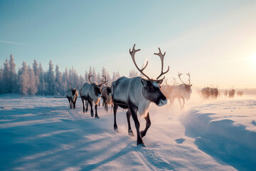 a herd of reindeer against the backdrop of a winter landscape - Powered by Adobe