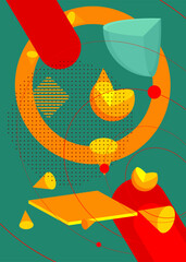 Turquoise, red and yellow geometric elements poster. Minimal geometrical graphic template. Vintage retro theme shapes for banner, cover.
