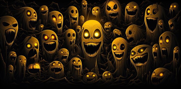 Scary yellow halloween background with many heads. 