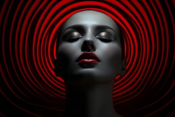 Hypnotic Beauty in Red Swirl. Woman's face with red hypnotic swirls in the dark, mysterious allure.