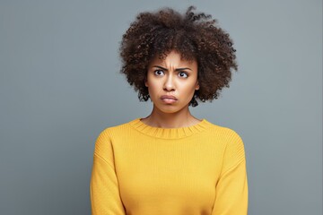 Disgusted Young African American Woman with Curly Afro Hair Wearing Yellow Sweater on Isolated Blue Background - obrazy, fototapety, plakaty
