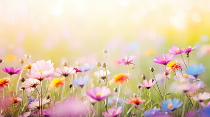 Greet the Beauty of Nature with Colorful Meadow and Florals - Summer Greeting Card with Sunbeams and Bokeh Lights