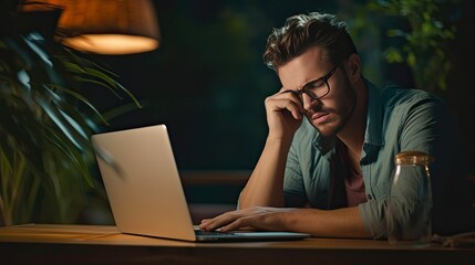 Man suffering from eye strain after prolonged laptop use. Fatigued male student or freelancer wearing glasses and massaging nose bridge to alleviate dry eyes - obrazy, fototapety, plakaty