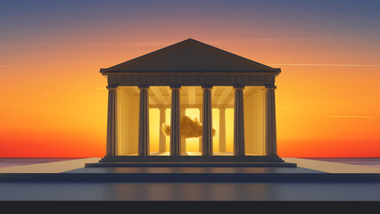 minimalist architectural temple 3d render sunset