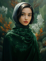 Smilecore Fashion: Woman in Green Turtleneck Jumper and White Skirt with Hijab. Flowers in the background