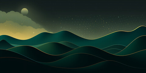 Luxurious Geometry - Dark Green Background with Abstract Gold Wave Lines. Concept of Green Hills and mountains at night