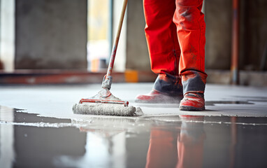 A man with a needle roller applying cement mortar for the floor. Man working on leveling floors in construction of a house.