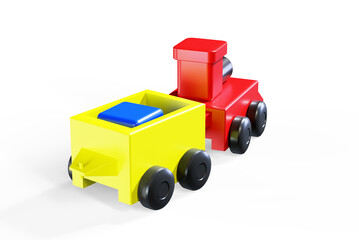 3D illustration of a wooden train toys, carries gold bars in the cars on the aisle among the...