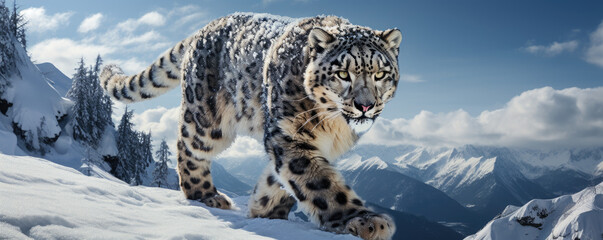 Fototapeta premium Snow leopard navigating a snowy mountain landscape