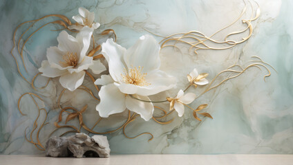 Organic Sculptures in Gold white and Aquamarine: White Flower and Marble Wallpaper