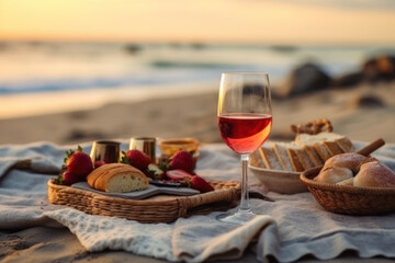 Picnic on the beach at sunset with a glass of red wine