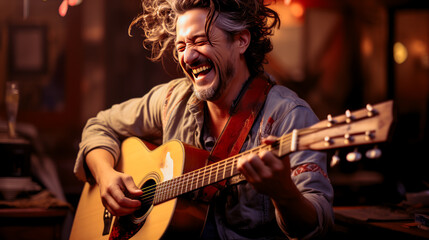 Ecstatic musician caught in the sheer joy of playing guitar, his elated expression embodying the...