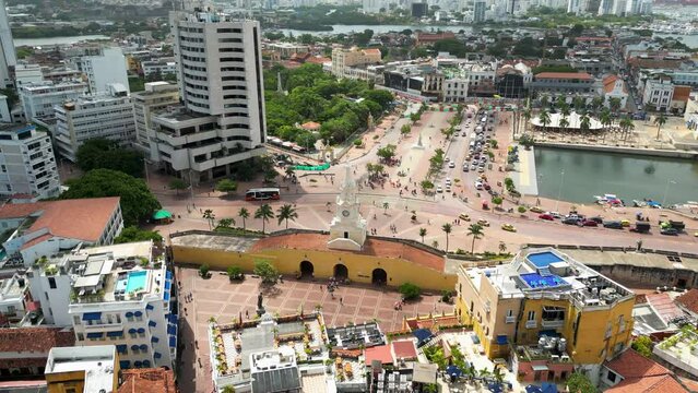 Amazing Aerial cityscape showcasing Clock Tower, Cartagena, Bolivar Department, Colombia taken on 2023